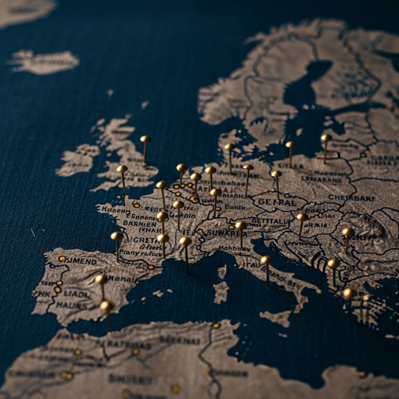 Map of Europe with brass pins marking cities